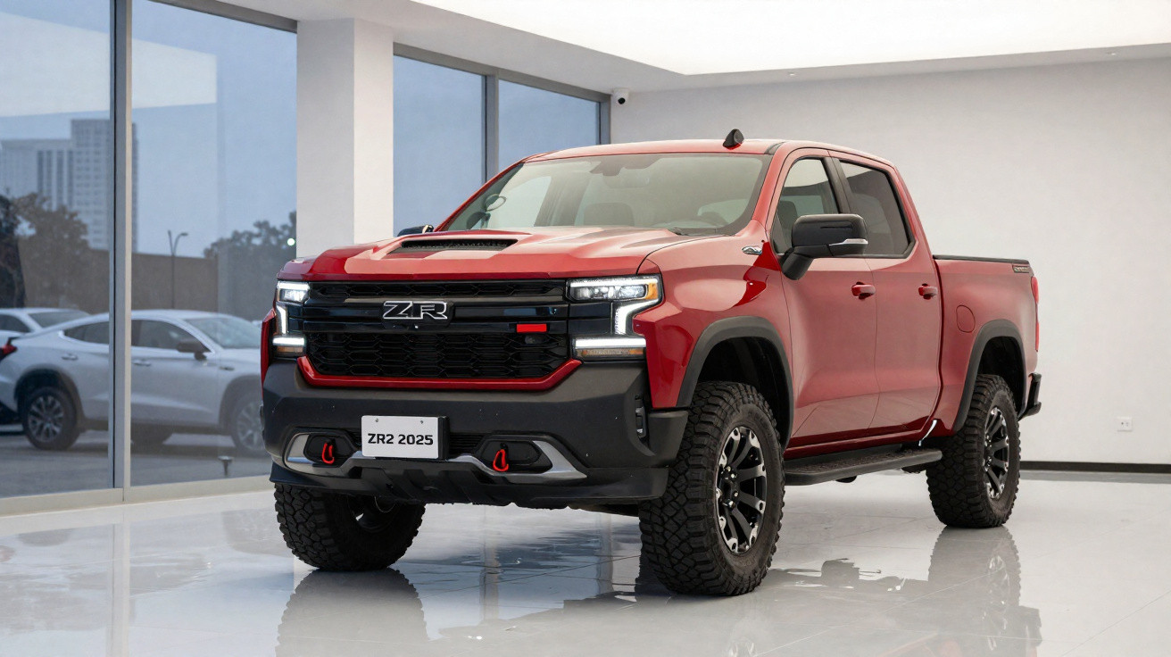 Picape vermelha ZR2 2025 exibida em showroom moderno com paredes brancas e janelas grandes.