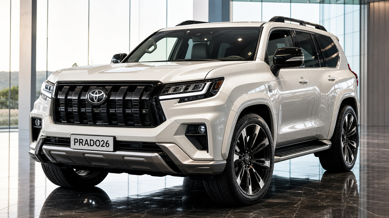 Toyota Prado branca estacionada em ambiente interno com piso escuro e paredes de vidro.
