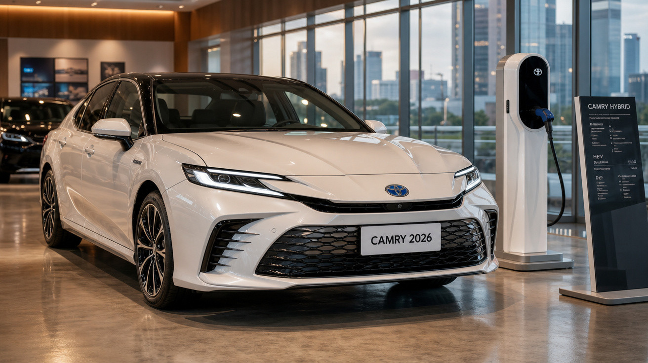 Carro Toyota Camry 2026 branco em showroom, com estação de recarga elétrica ao lado.