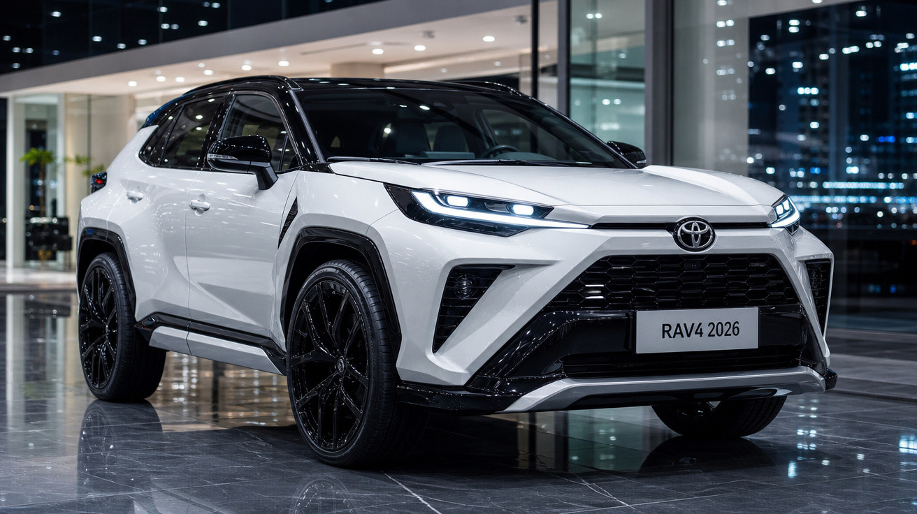 Carro Toyota RAV4 2026 branco com teto preto exibido em showroom moderno à noite.