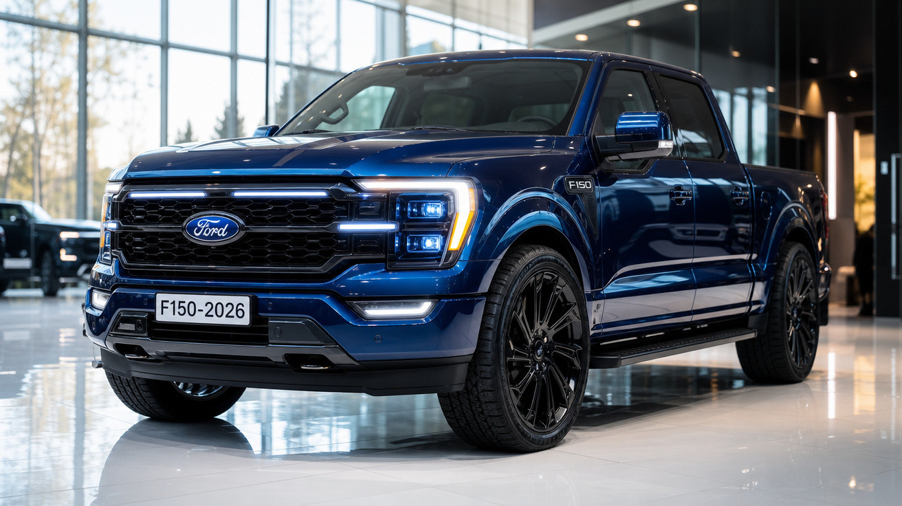 Picape Ford F-150 azul 2026 em showroom moderno com iluminação natural.