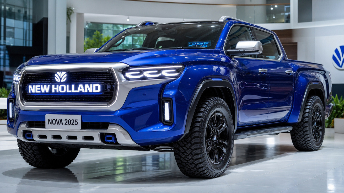 Picape azul New Holland 2025 em exposição com design moderno e faróis de LED, vista dianteira lateral direita.
