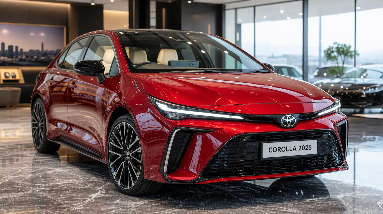 Carro Toyota Corolla 2026 vermelho exibido em showroom moderno com piso de mármore.