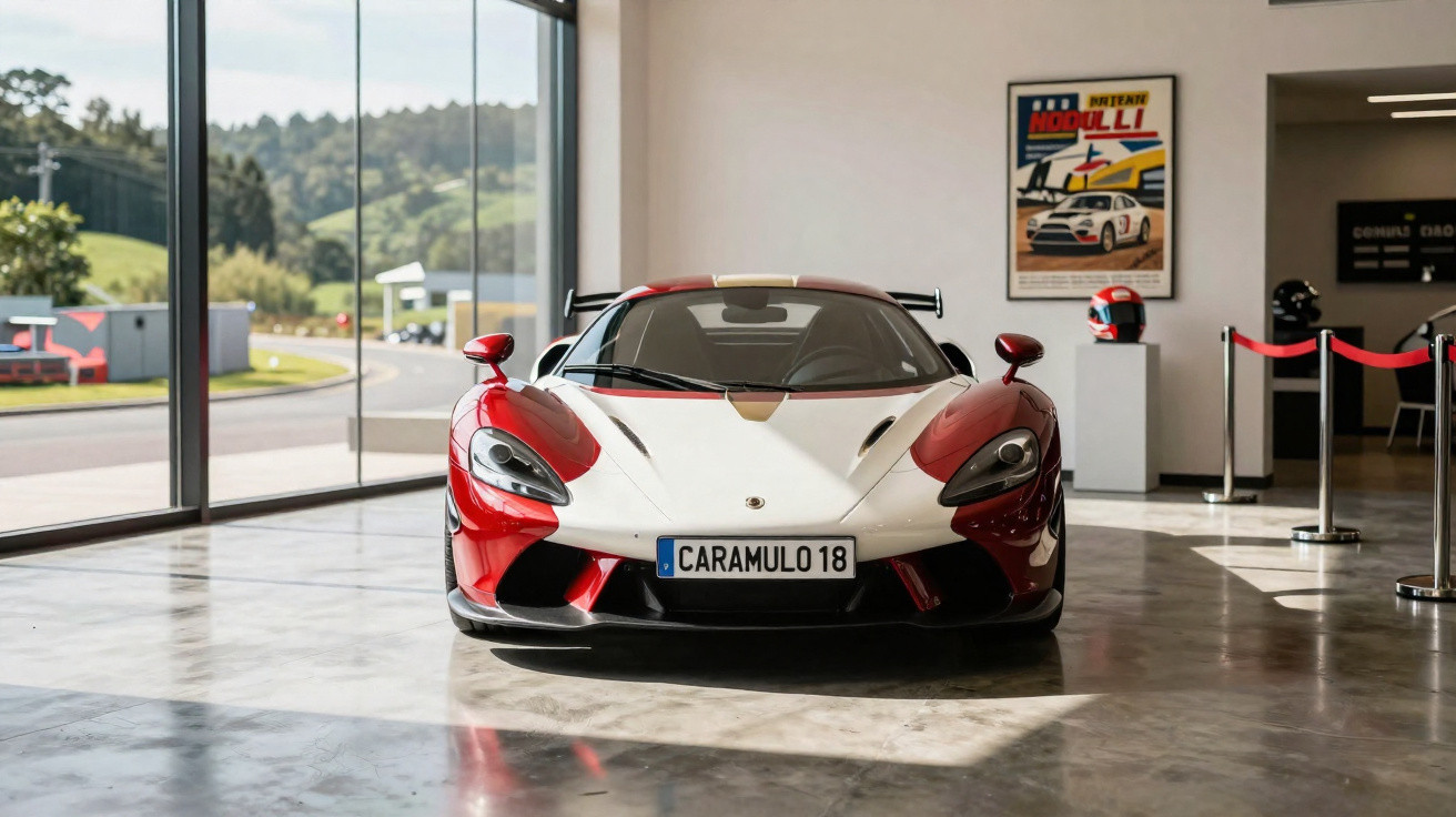 Carro esportivo vermelho e branco estacionado em ambiente moderno com pista e natureza ao fundo.