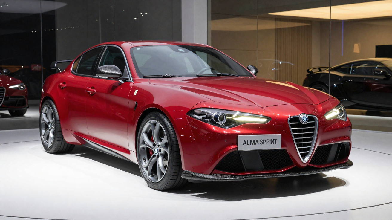 Carro esportivo Alfa Romeo vermelho modelo ALMA SPRINT exposto em ambiente fechado com piso branco e iluminação direcionada.