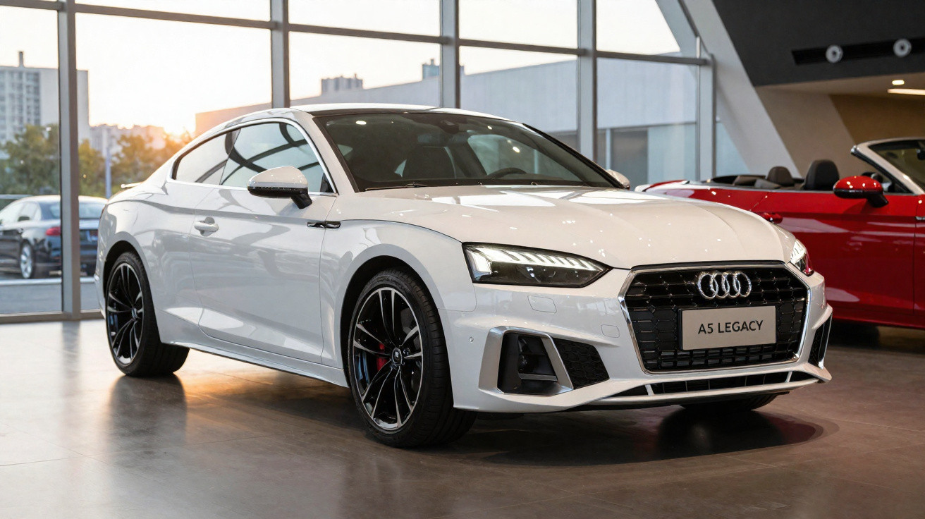 Carro esportivo Audi A5 Legacy branco estacionado em showroom moderno com paredes de vidro.