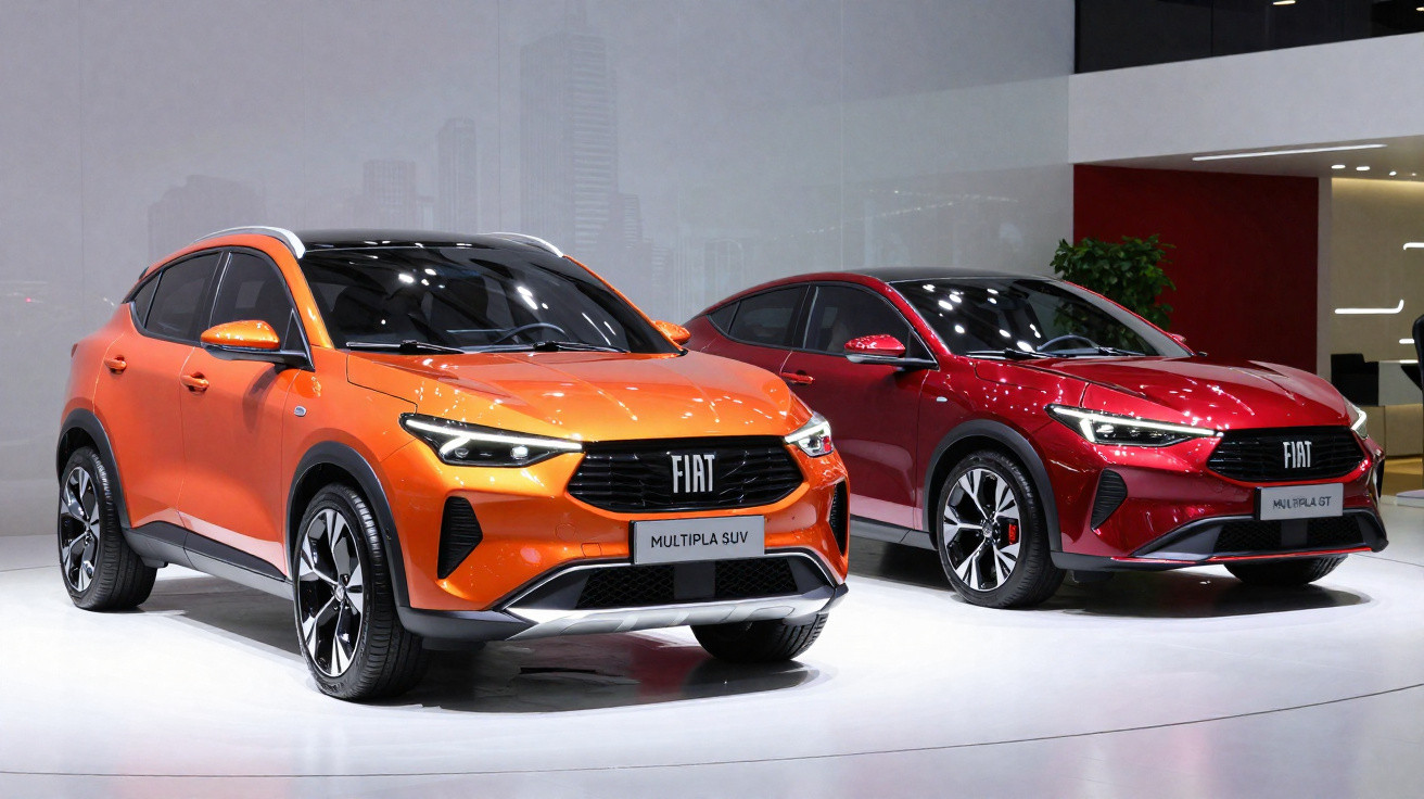 Dois carros Fiat Multiplas, um SUV laranja e um GT vermelho, em exposição interna moderna.