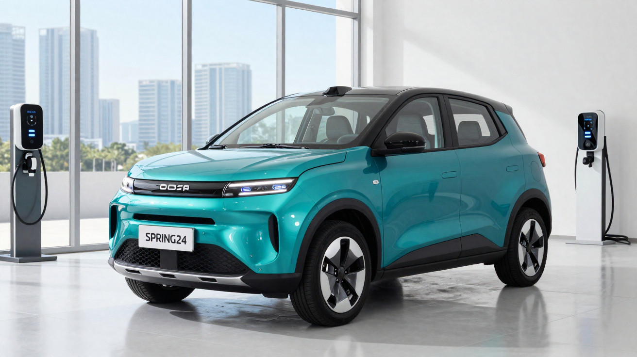 Carro elétrico azul com teto preto em showroom moderno ao lado de estações de carregamento.