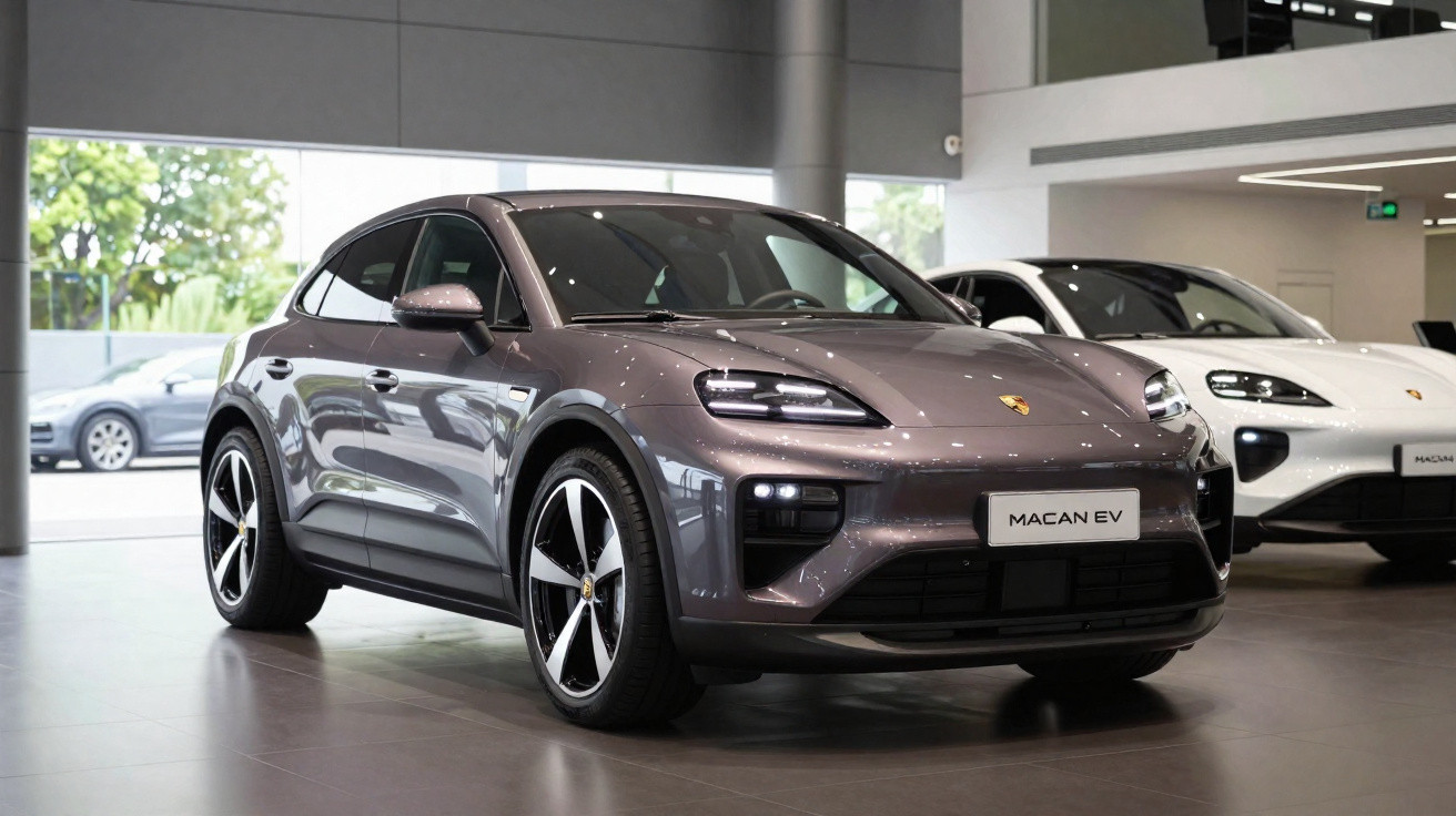 Carro Porsche Macan EV cinza exibido em showroom moderno com outra unidade branca ao fundo.