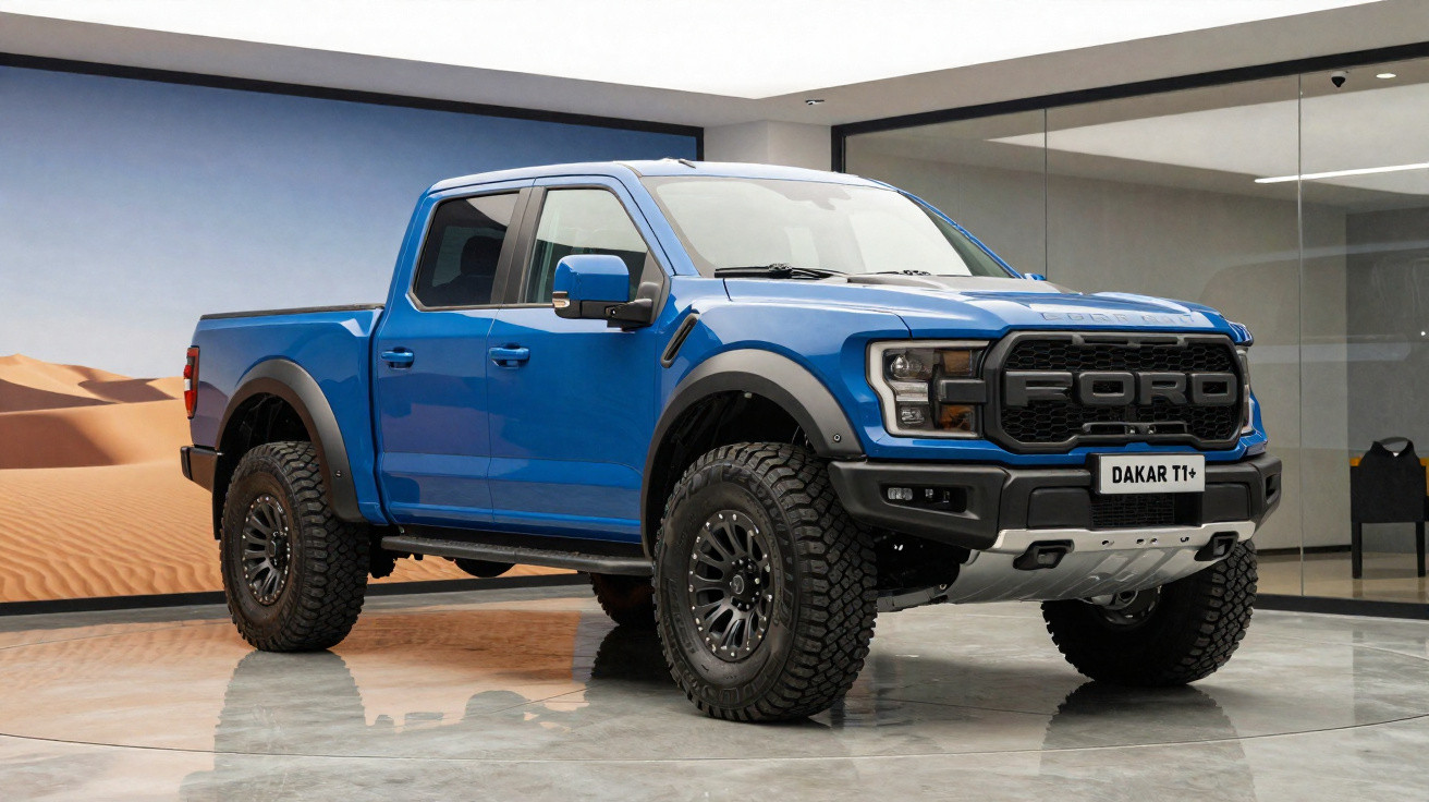Picape Ford azul modelo Dakar T1+ exposta em ambiente interno com vidro e quadro de deserto.
