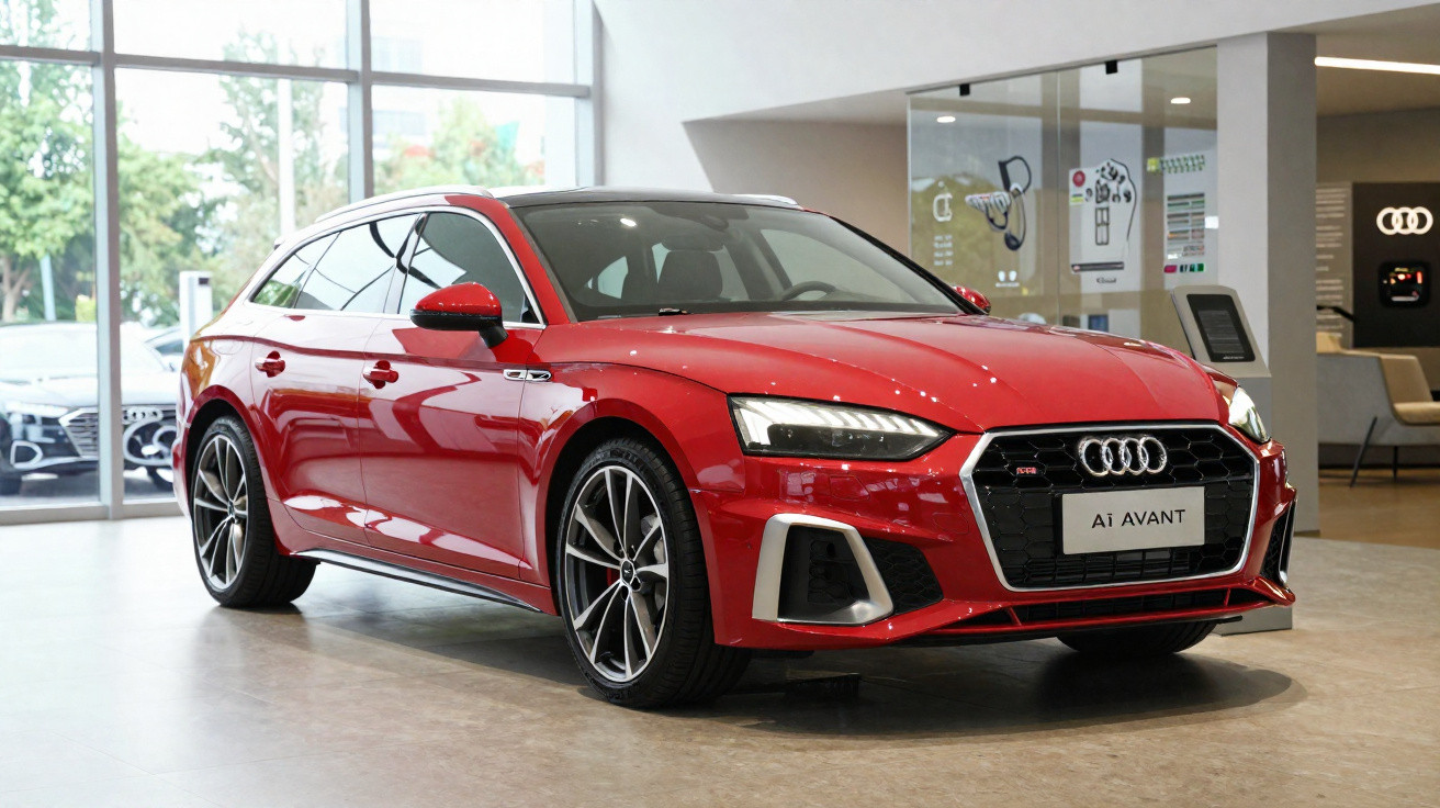 Carro Audi Ai Avant vermelho em exibição dentro de showroom moderno com piso cinza.