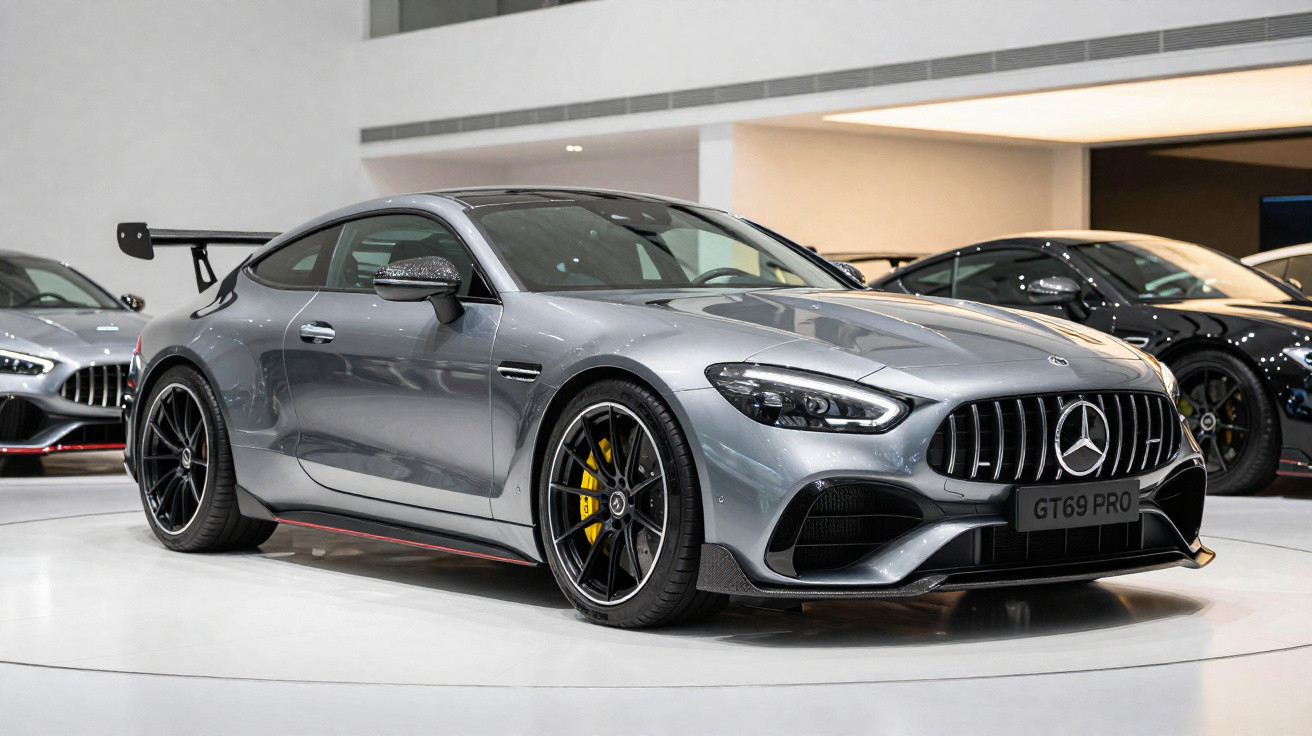 Mercedes-AMG GT cinza metálico esportivo em exposição interna com rodas pretas e freios amarelos.