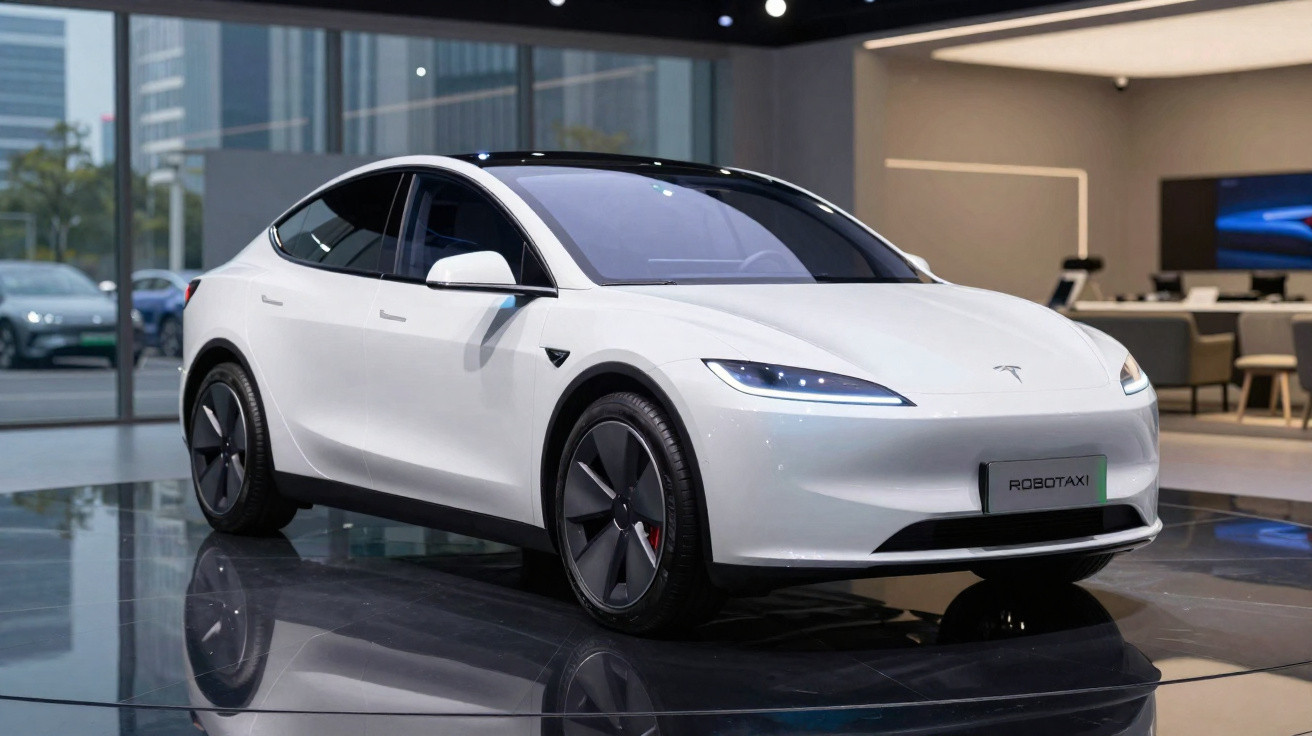 Carro elétrico branco Tesla Model, exibido em ambiente interno moderno com luz suave e piso refletivo.
