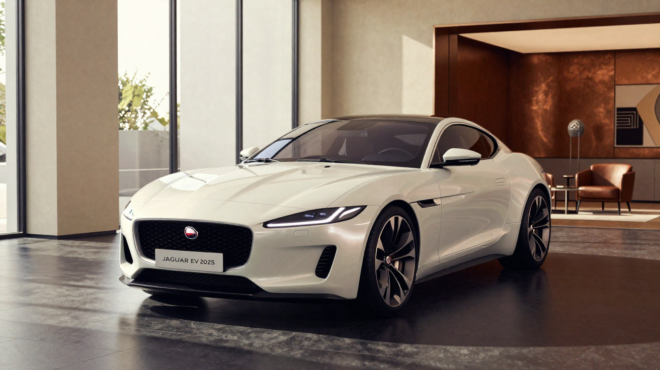 Carro elétrico Jaguar EV 2025 branco estacionado em ambiente interno moderno e elegante.