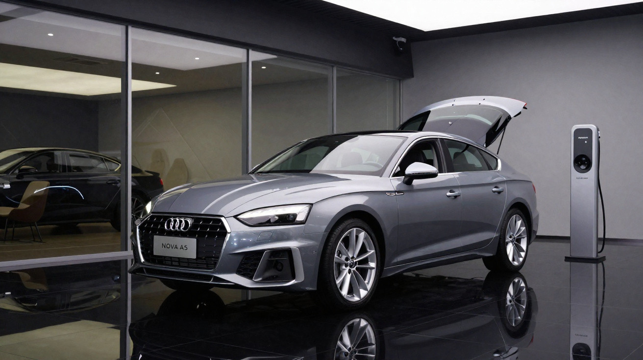 Carro Audi Cinza Modelo Nova A5 em exposição com porta-malas aberto e carregador elétrico ao lado.