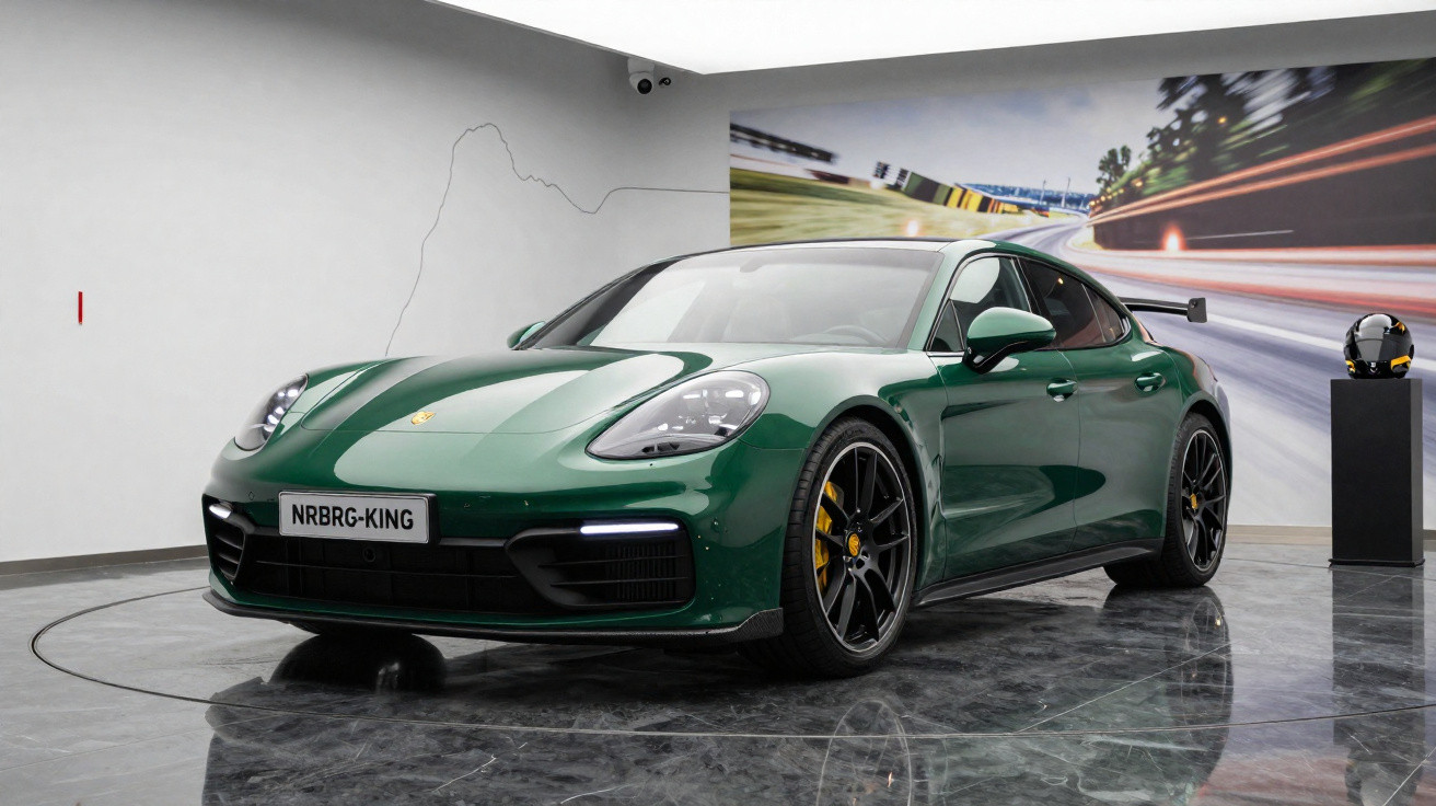 Carro esportivo verde Porsche Panamera exibido em ambiente interno com piso brilhante.