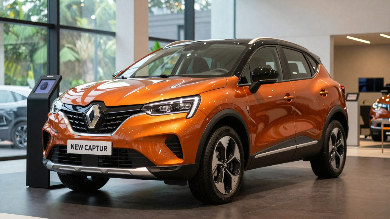Carro SUV Renault New Captur na cor laranja exposto em showroom moderno e iluminado.