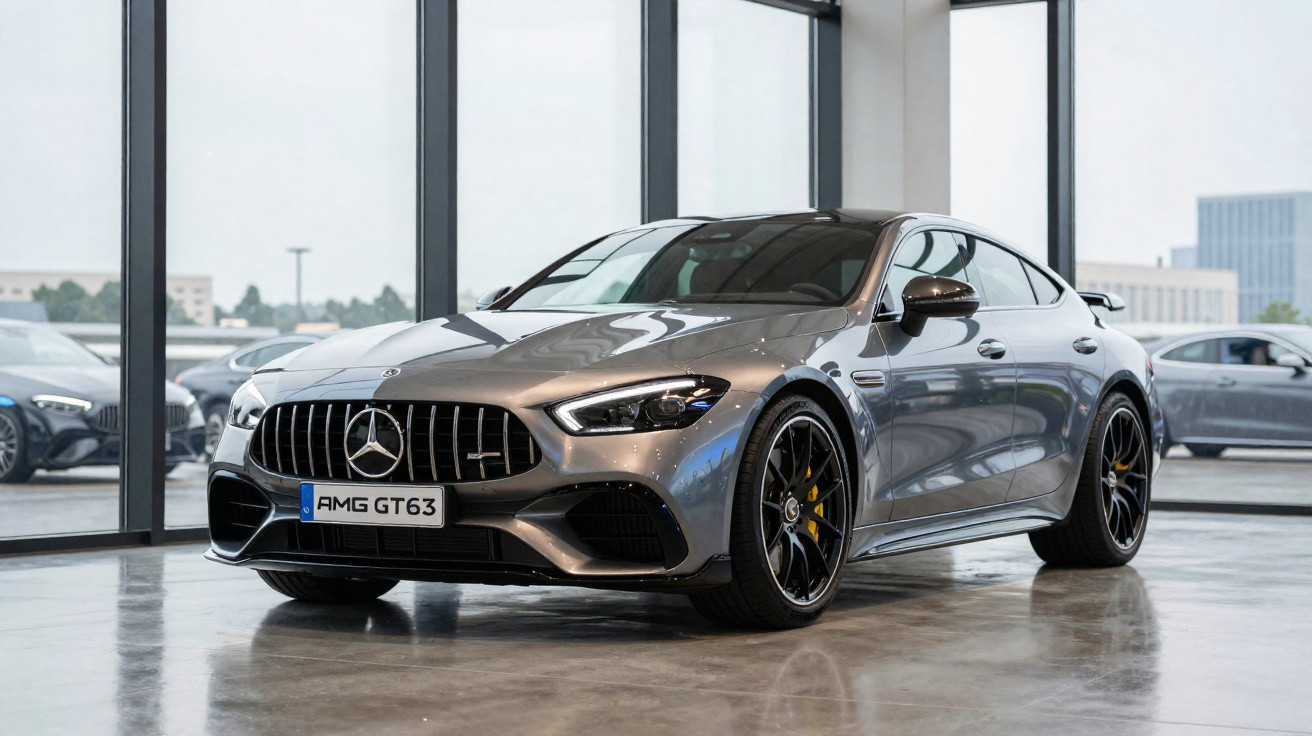 Carro esportivo Mercedes-Benz AMG GT63 cinza exibido em showroom com piso de concreto e janelas de vidro.