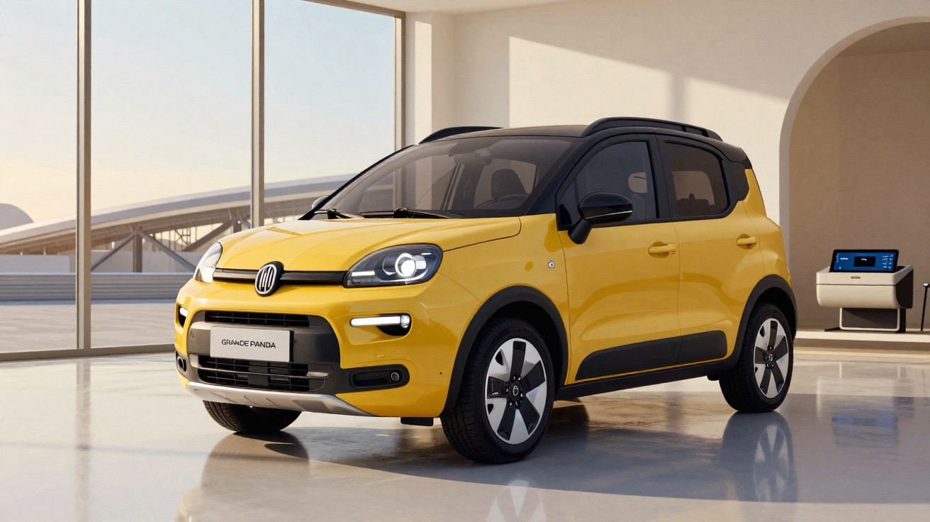 Carro compacto amarelo com teto preto em ambiente interno com janelas amplas e luz natural.