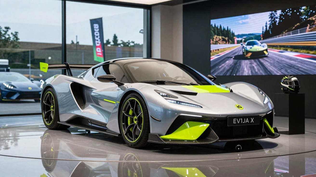 Carro esportivo elétrico cinza e verde neon em exposição interna com capacete e imagem de pista atrás.