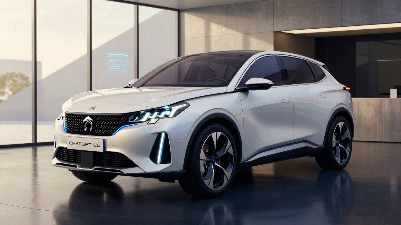 Carro elétrico branco estacionado em ambiente moderno com grandes janelas e iluminação natural.