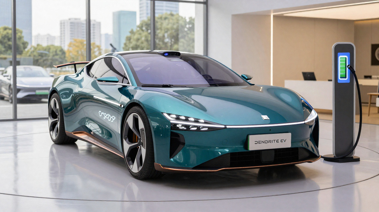 Carro esportivo elétrico verde Dendrite EV carregando em posto dentro de showroom moderno.