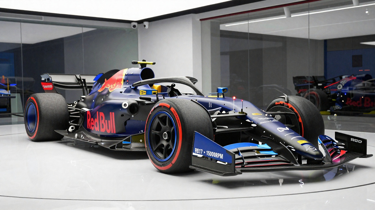 Carro de Fórmula 1 da Red Bull estacionado em ambiente interno com piso branco e paredes espelhadas.