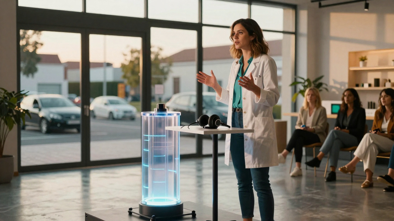 Jovem cientista apresenta protótipo tecnológico iluminado para grupo de pessoas em sala moderna.