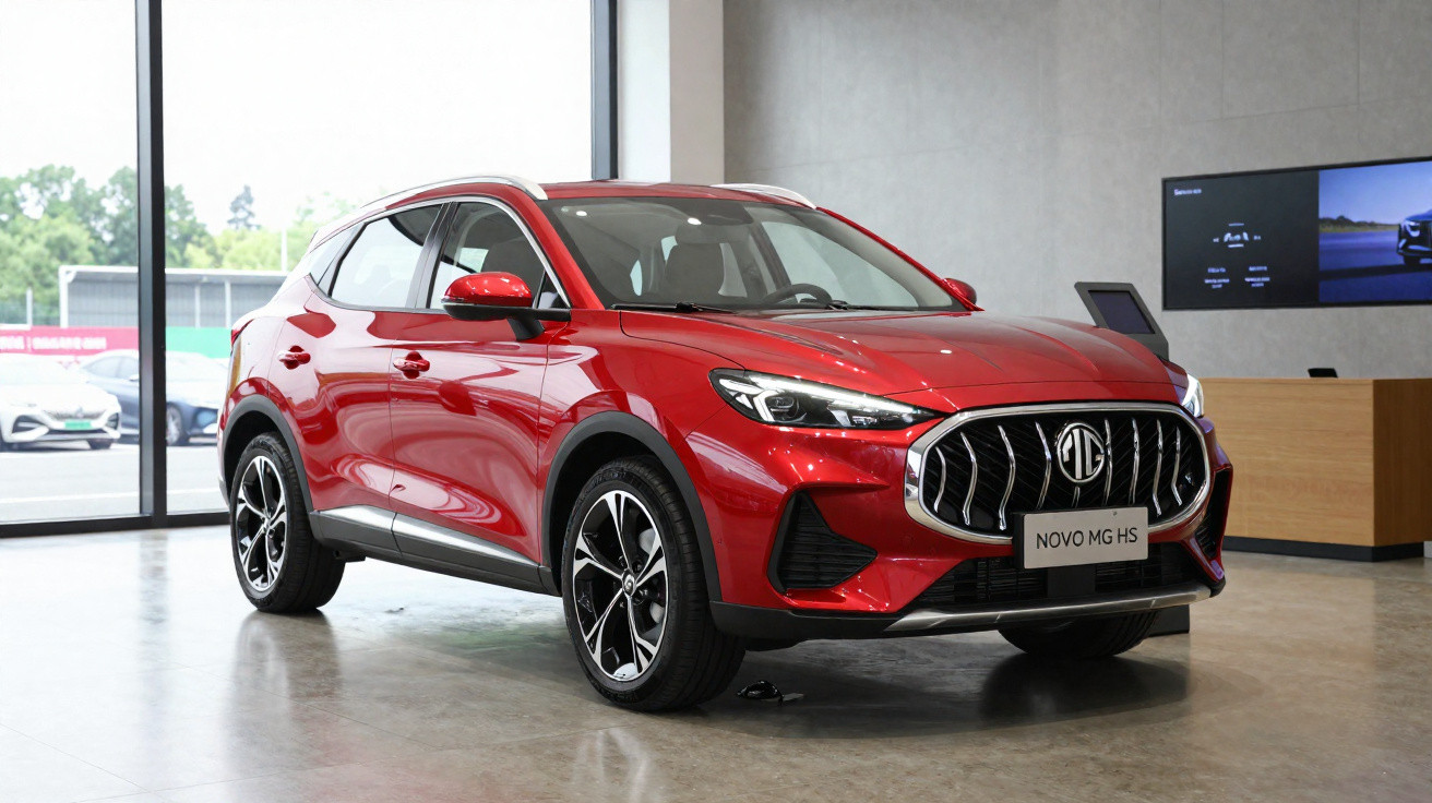 Carro vermelho MG HS novo exposto em showroom moderno com grandes janelas de vidro.