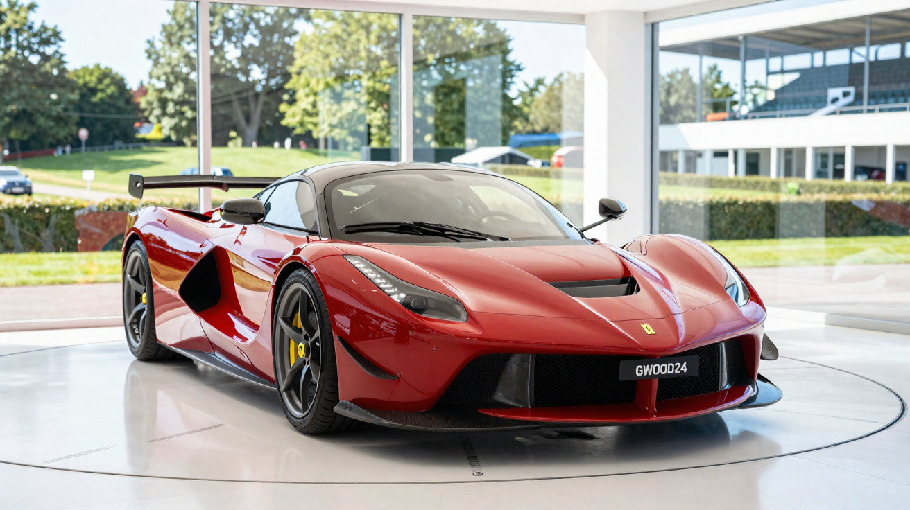 Carro esportivo vermelho Ferrari LaFerrari exposto em vitrine iluminada com fundo de jardim.