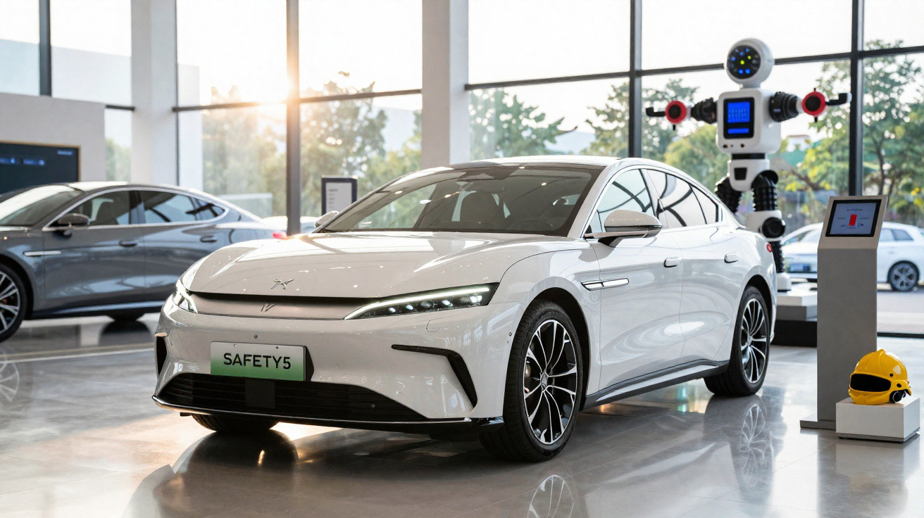 Carro elétrico branco exposto em showroom moderno com robô e capacete amarelo ao lado.