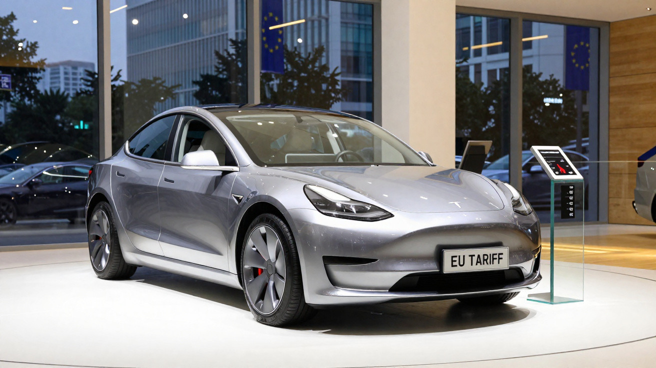 Carro elétrico prata Tesla Model 3 exposto em showroom moderno com placa EU TARIFF.