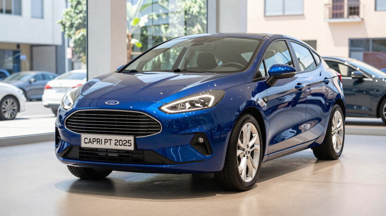 Carro azul Ford Capri PT 2025 em exibição interna com fachada envidraçada ao fundo.