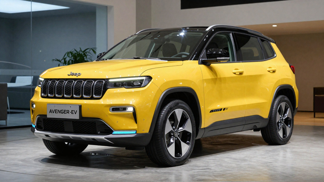 SUV Jeep Avenger EV amarelo com teto preto exibido em showroom moderno.