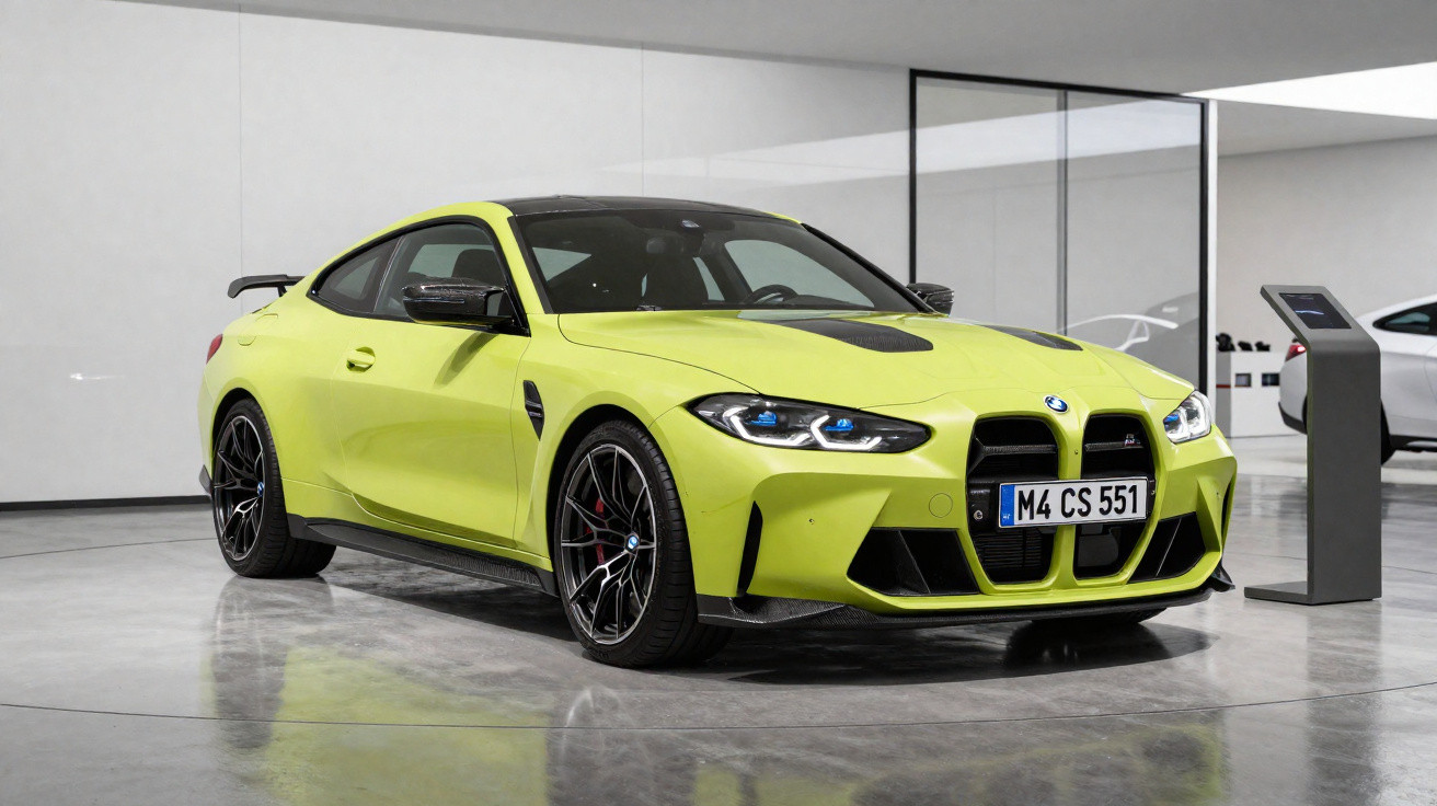 Carro esportivo BMW M4 verde limão em exposição, com rodas pretas e faróis acesos em ambiente interno.