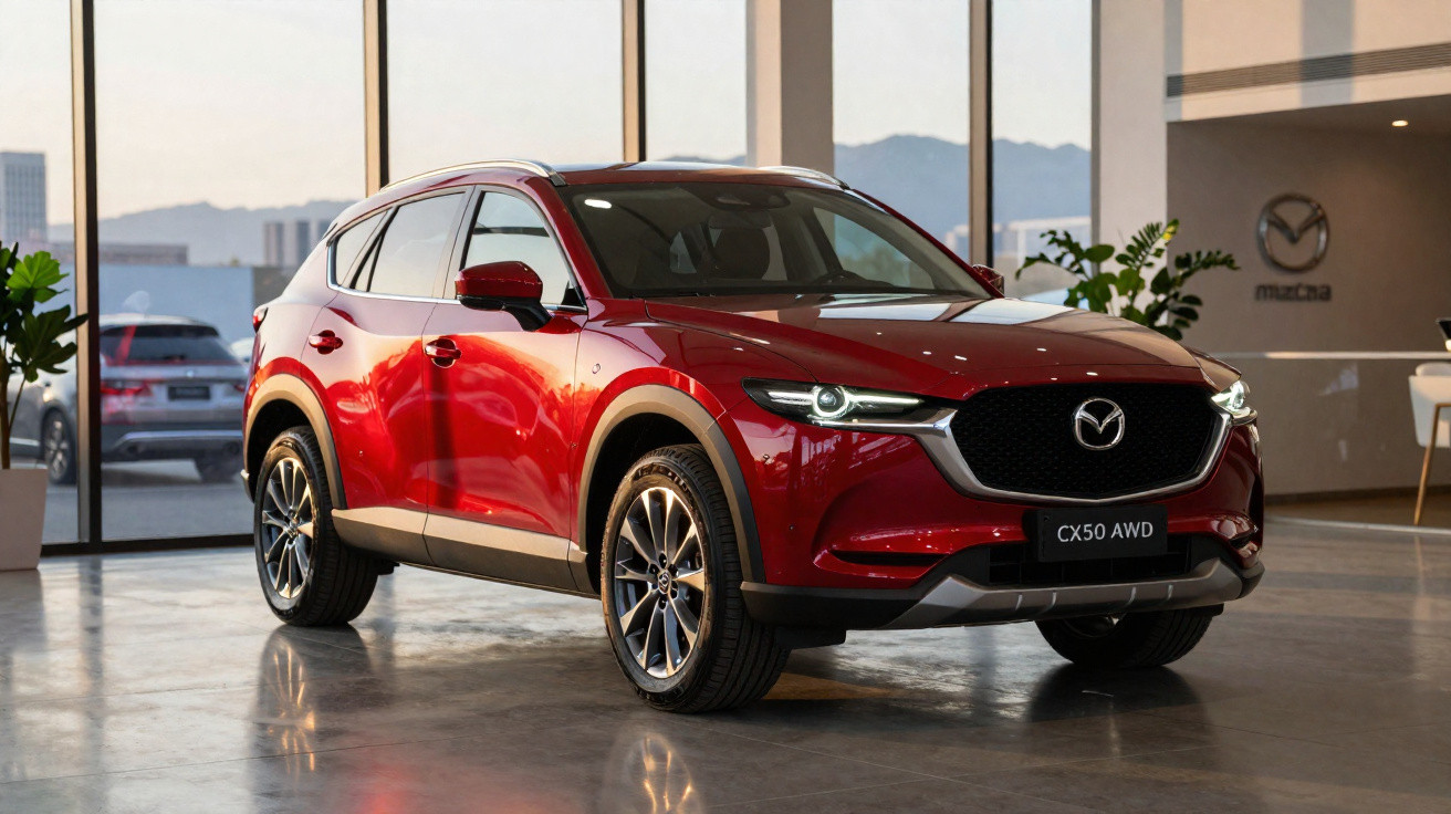 Carro SUV Mazda CX-50 AWD vermelho em exposição dentro de showroom moderno com iluminação natural.