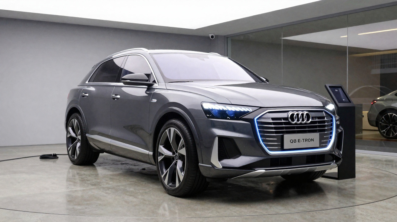 Audi Q8 E-Tron cinza estacionado em showroom moderno com detalhes em LED acesos na frente.