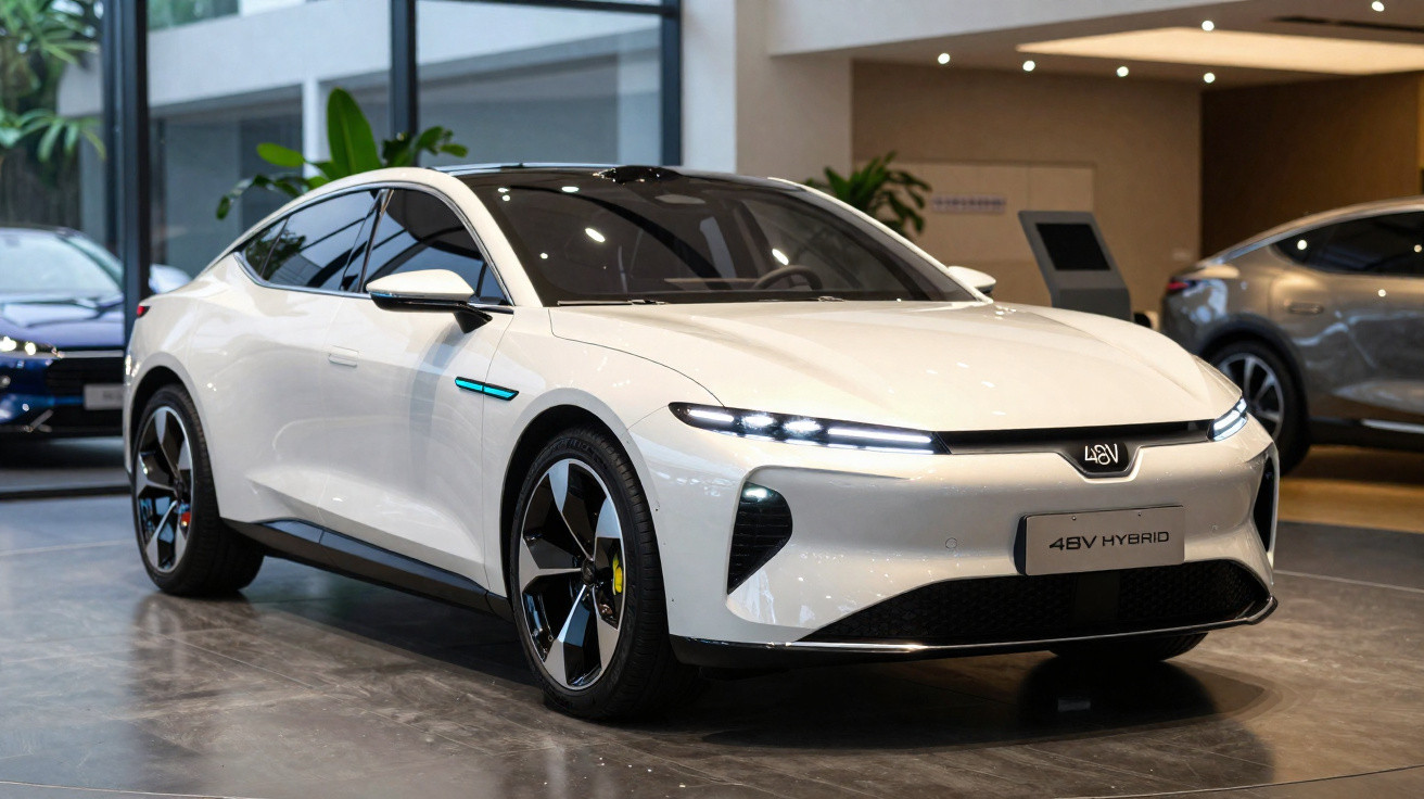 Carro elétrico branco 48V Hybrid exibido em ambiente interno moderno com piso de cimento polido.