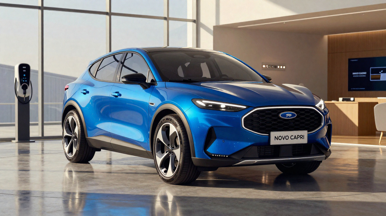 Carro azul Novo Capri estacionado em ambiente interno moderno com carregador elétrico ao fundo.