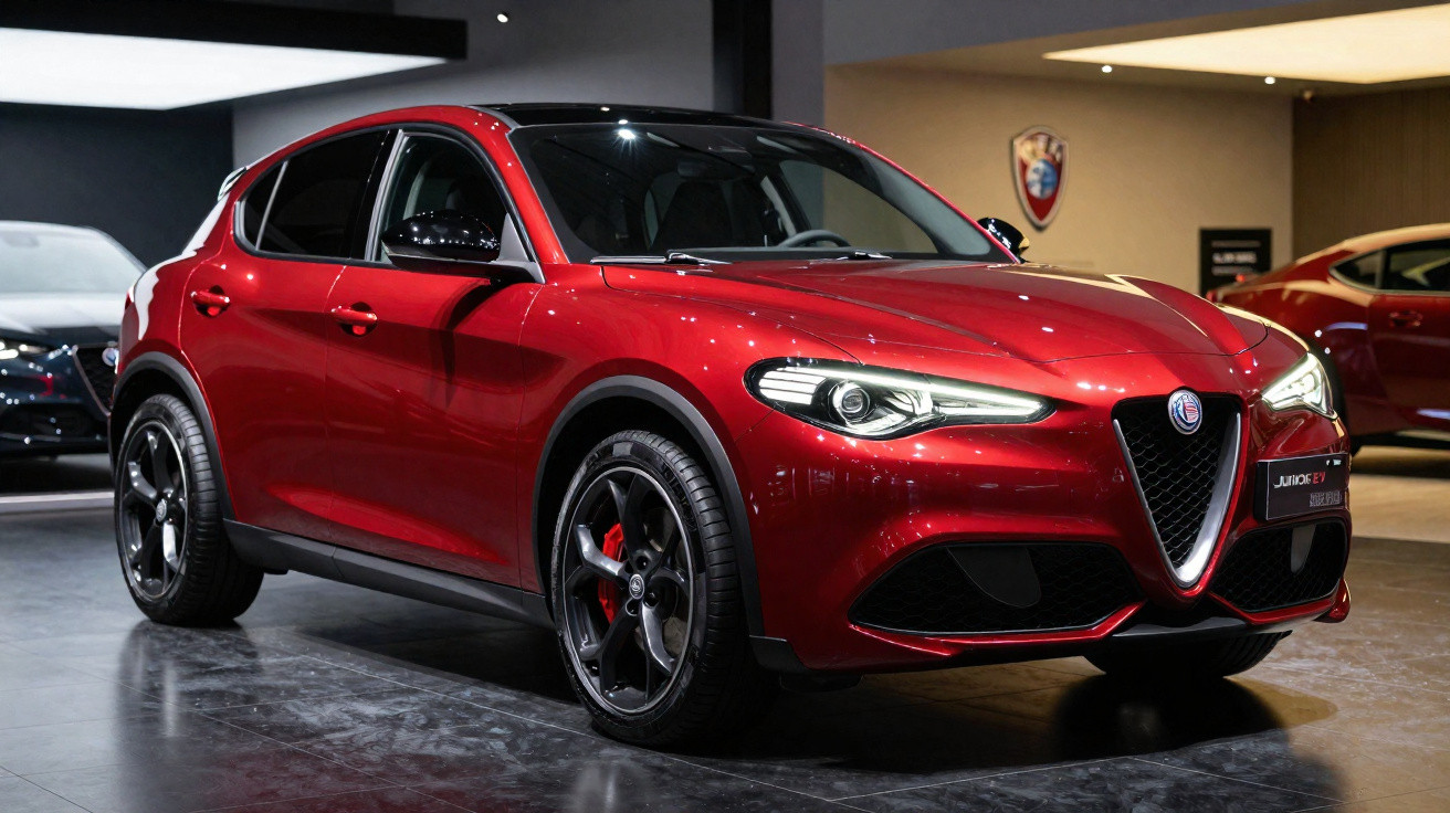 SUV Alfa Romeo Tonale vermelho exposto em showroom com iluminação suave e acabamento brilhante.
