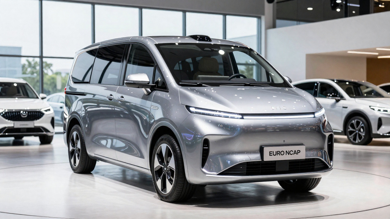 Van elétrica cinza prata exibida em showroom com design moderno e aerodinâmico.