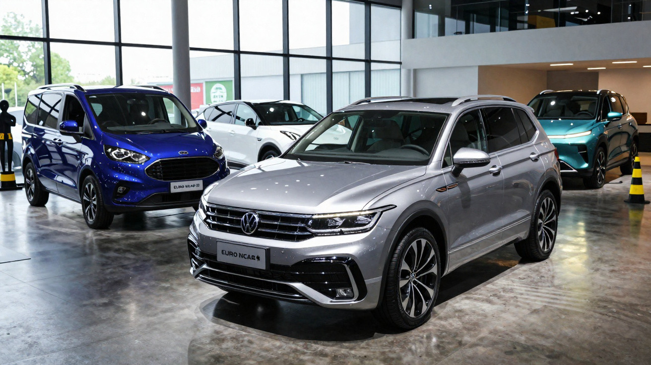 Carros modernos estacionados em showroom com piso de concreto e grandes janelas ao fundo.