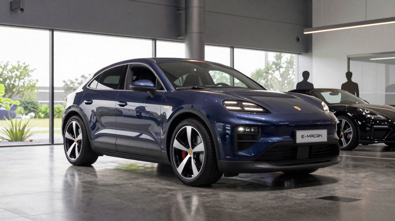 Carro elétrico Porsche Taycan Cross Turismo azul escuro em showroom moderno com piso de concreto.