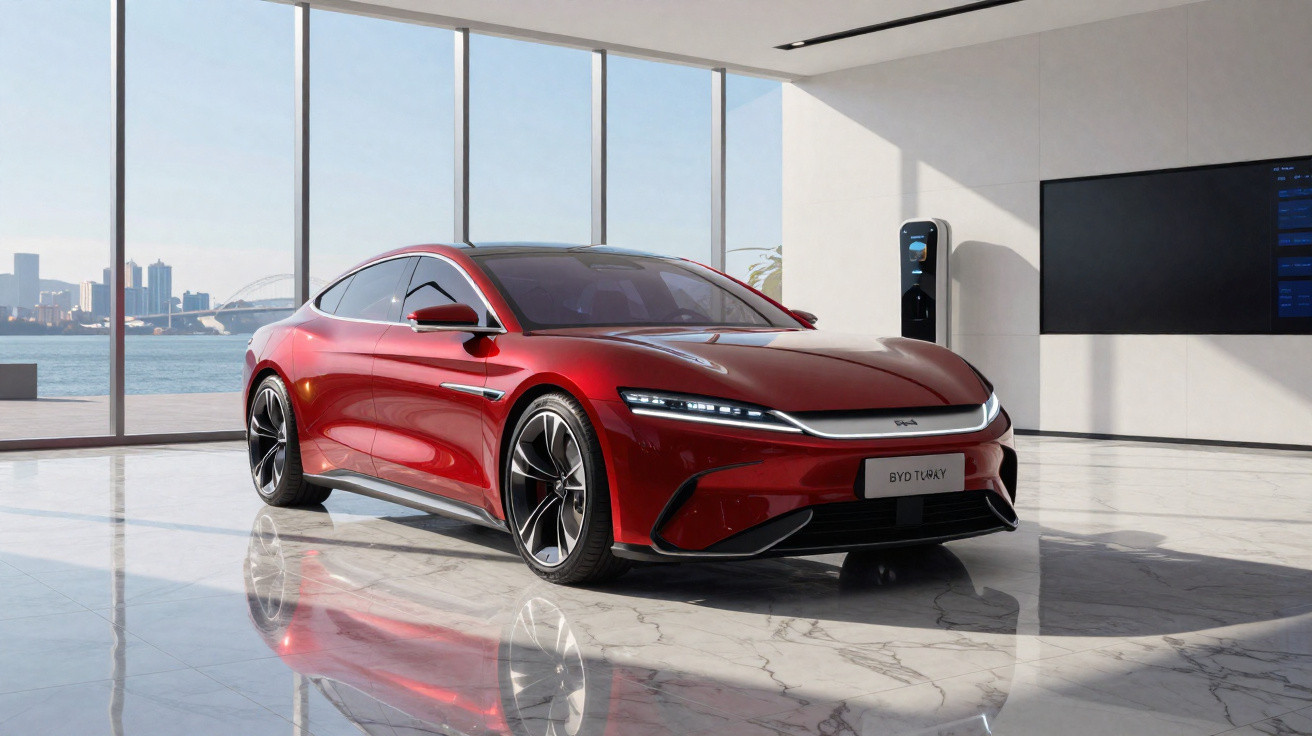 Carro elétrico vermelho BYD Han EV em showroom moderno com piso de mármore e vista para a cidade.