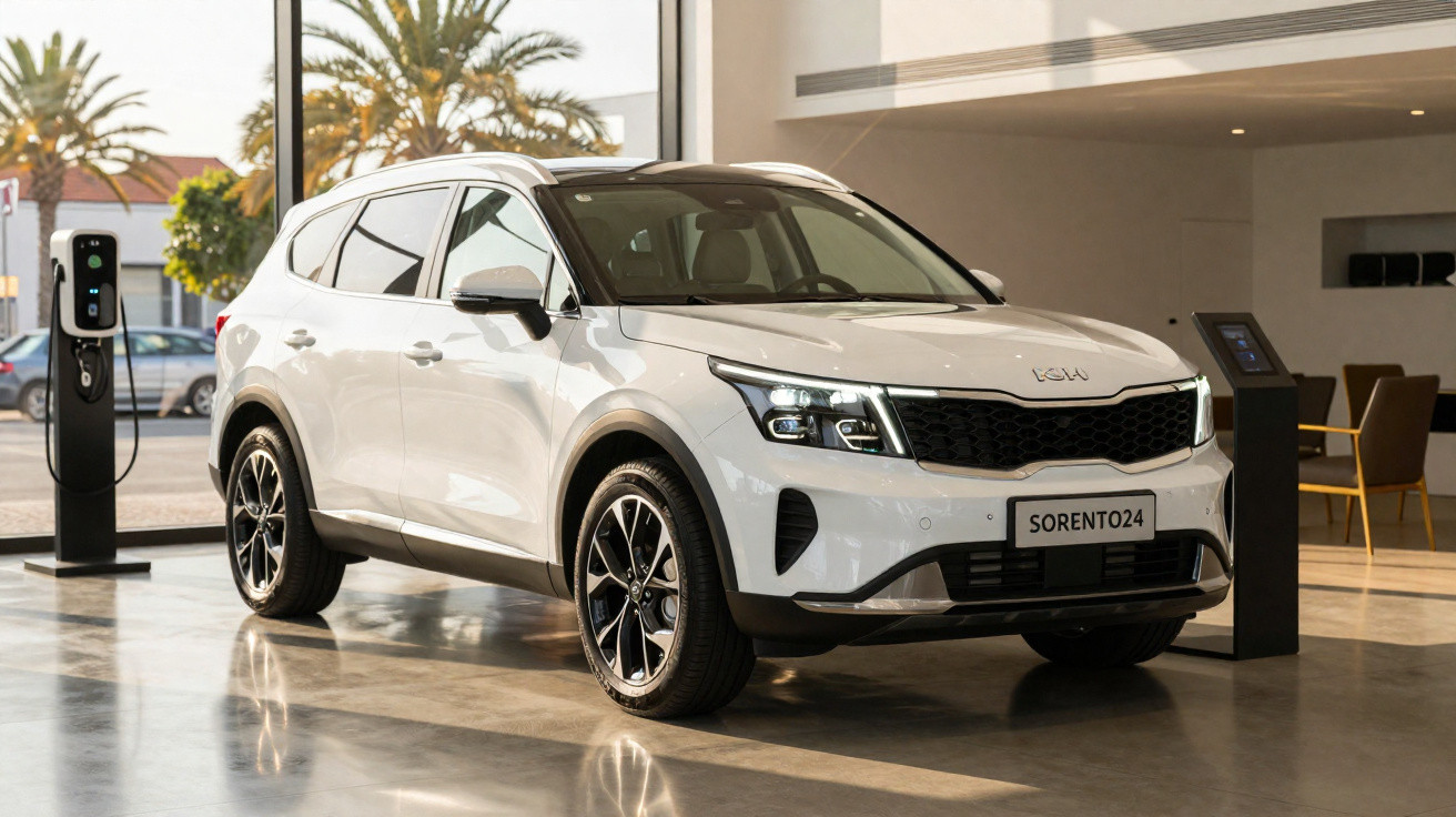 Carro branco Kia Sorento 24 estacionado em showroom com estação de carregamento elétrico ao lado.
