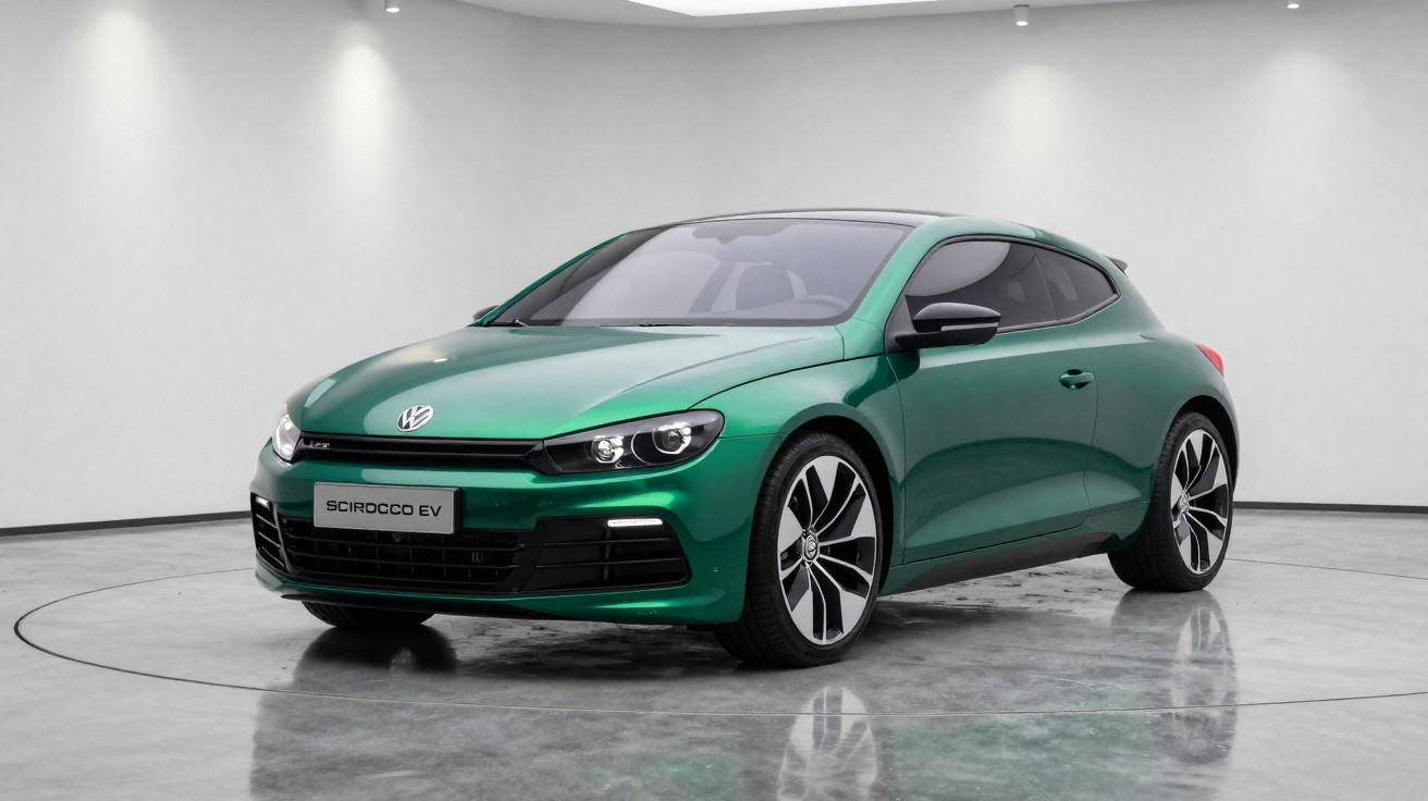 Carro verde Volkswagen Scirocco EV em espaço interno com piso e paredes claras.
