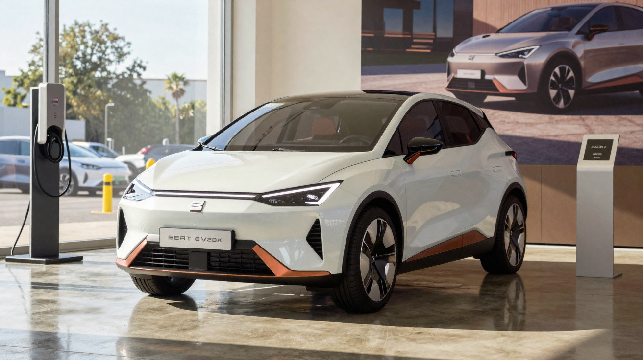 Carro elétrico branco SEAT EV 20K em exposição, conectado a carregador, ambiente interno com luz natural.
