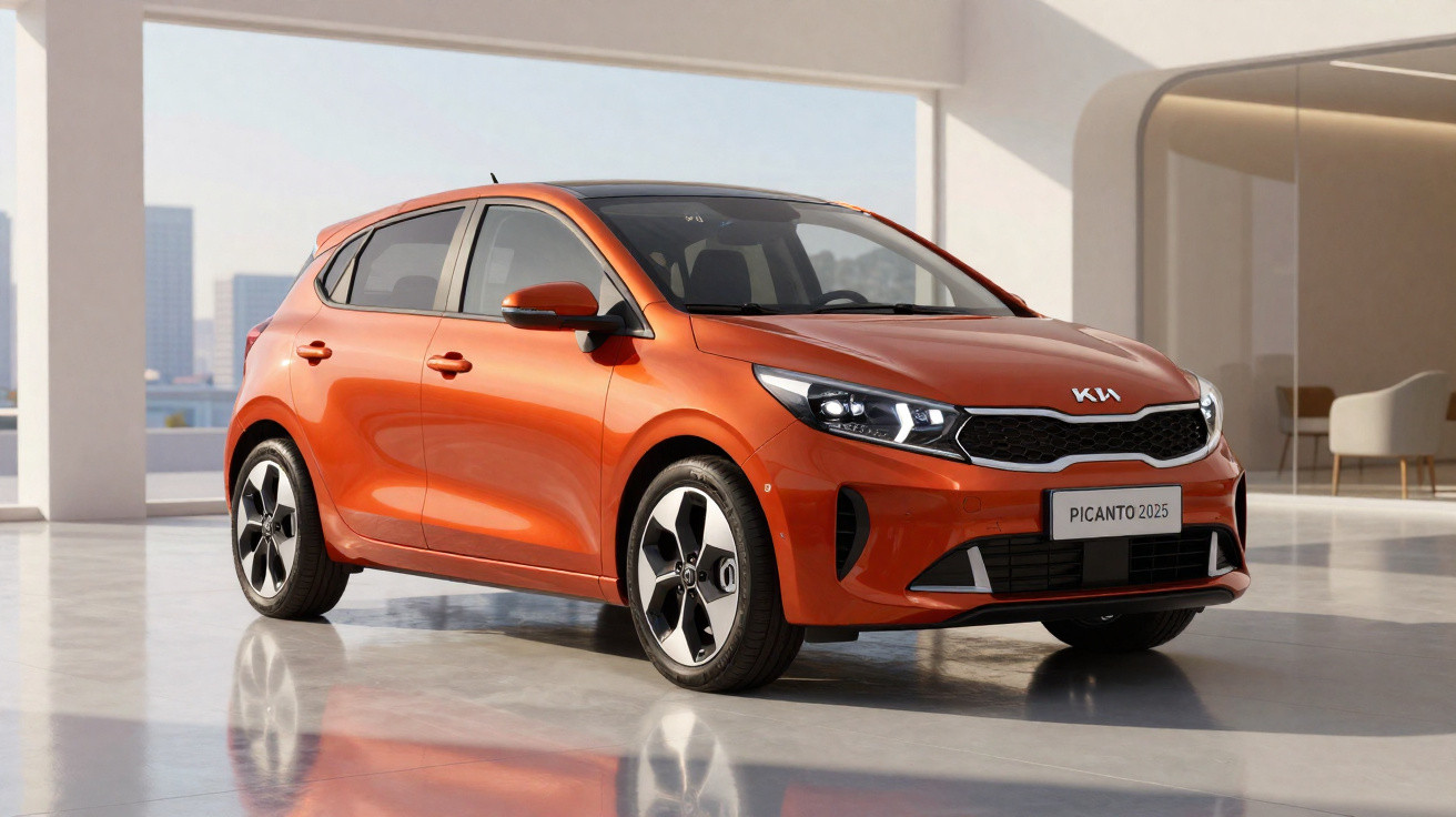 Carro compacto Kia Picanto 2025 na cor laranja estacionado em ambiente interno moderno.