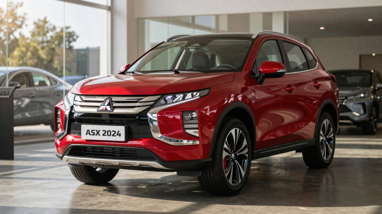 SUV vermelho Mitsubishi ASX 2024 em exposição dentro de showroom com carros ao fundo.
