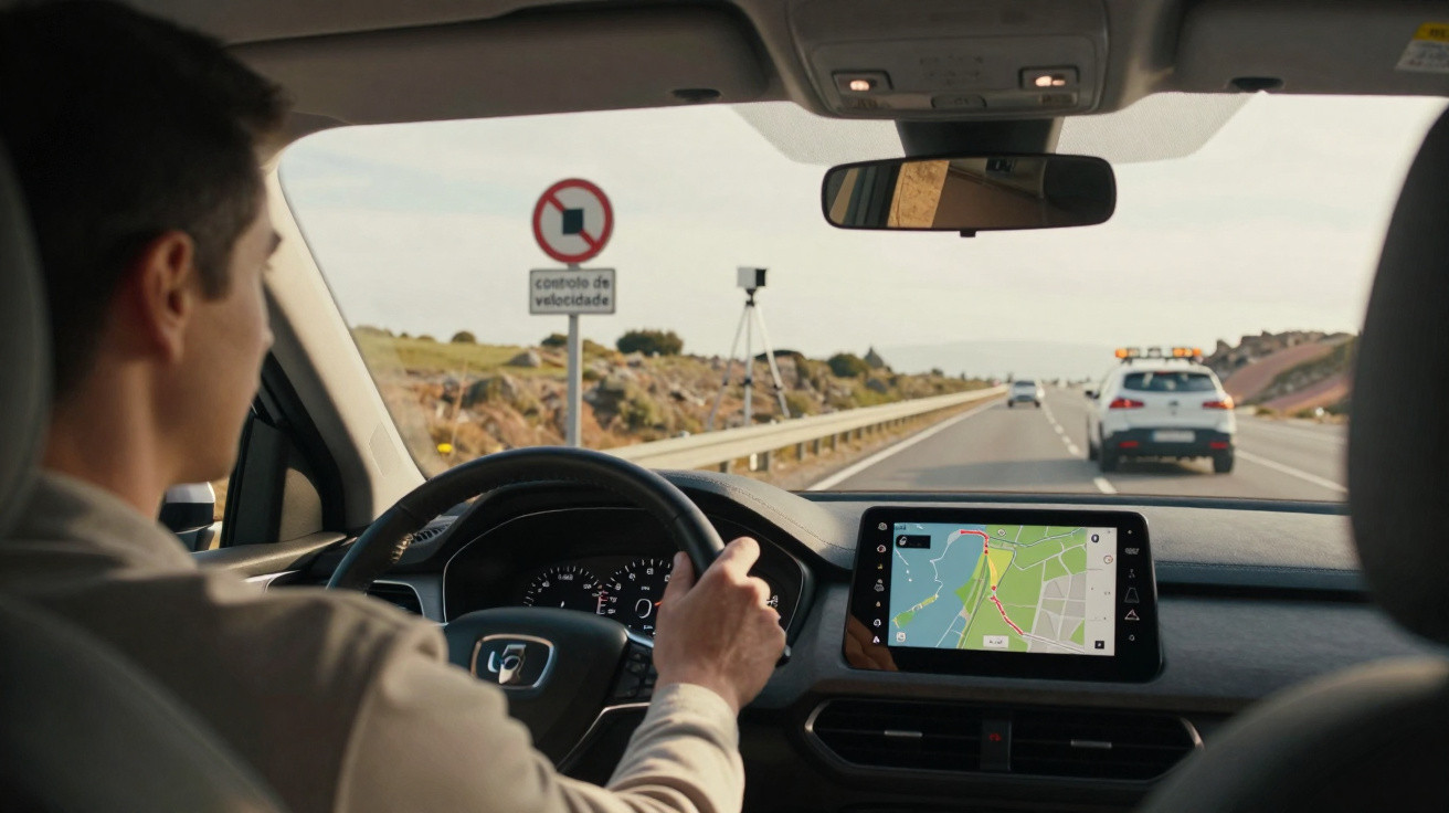 Motorista dirigindo carro com navegação por GPS em estrada com placa de controle de velocidade e viatura policial.